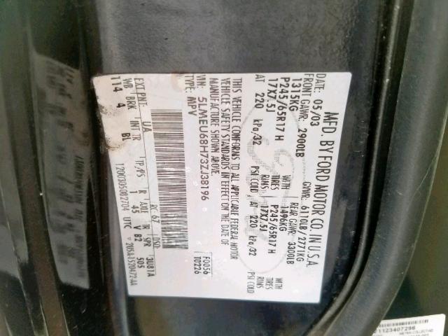 5LMEU68H73ZJ38196 - 2003 LINCOLN AVIATOR 黑色 照片 10