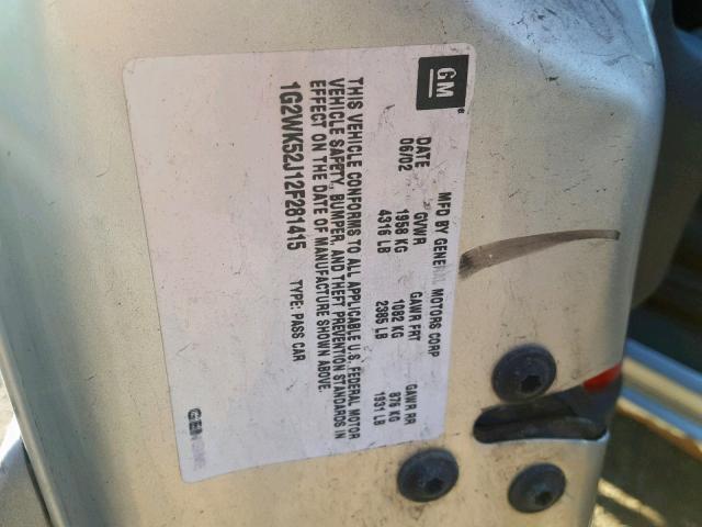 1G2WK52J12F281415 - 2002 PONTIAC GRAND PRIX SILVER photo 10