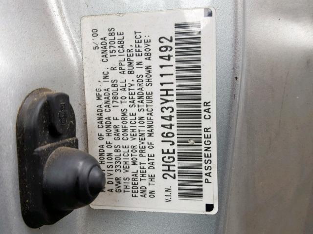 2HGEJ6443YH111492 - 2000 HONDA CIVIC DX GRAY photo 10