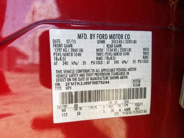 2FMTK3J99FBB79244 - 2015 FORD EDGE SEL RED photo 10