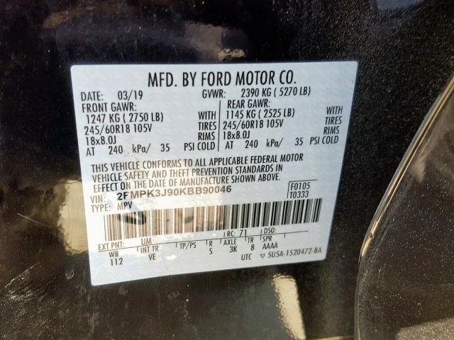 2FMPK3J90KBB90046 - 2019 FORD EDGE SEL BLACK photo 10