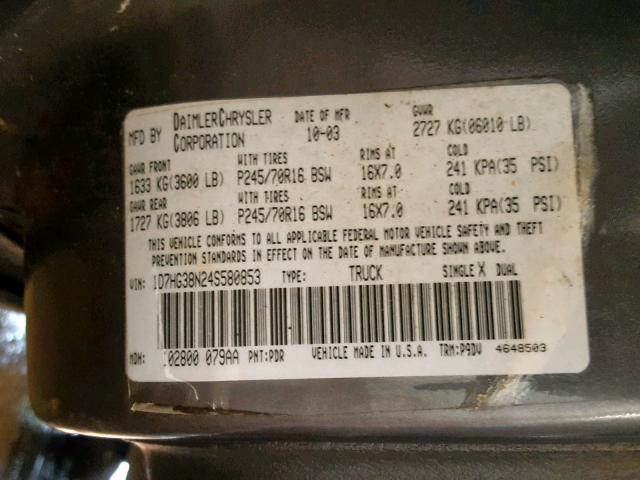 1D7HG38N24S580853 - 2004 DODGE DAKOTA QUA GRAY photo 10