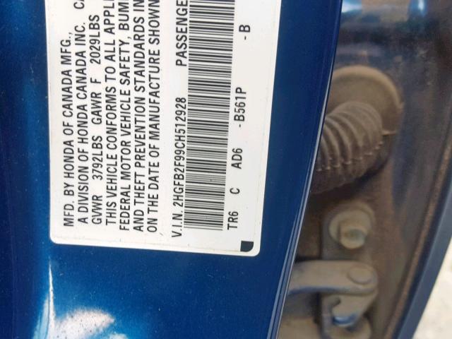 2HGFB2F99CH512928 - 2012 HONDA CIVIC EXL 蓝色 照片 10