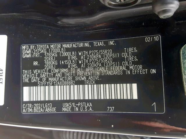 5TFFY5F12AX088882 - 2010 TOYOTA TUNDRA CRE BLACK photo 10