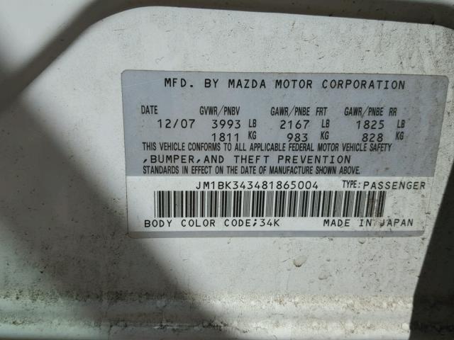 JM1BK343481865004 - 2008 MAZDA 3 HATCHBAC WHITE photo 10