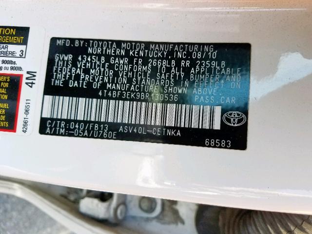 4T4BF3EK9BR130536 - 2011 TOYOTA CAMRY BASE WHITE photo 10