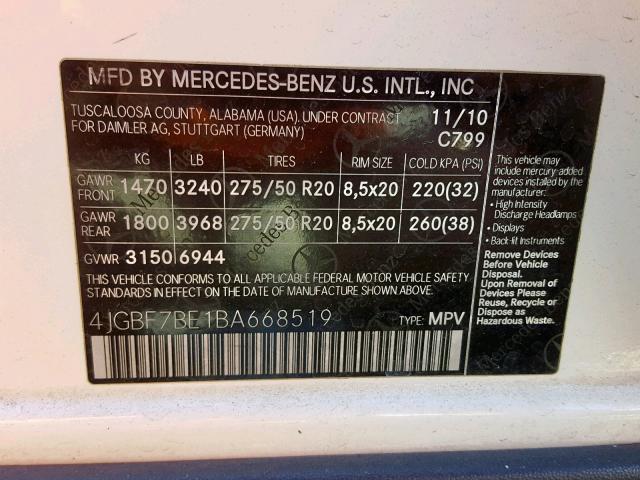 4JGBF7BE1BA668519 - 2011 MERCEDES-BENZ GL 450 4MA WHITE photo 10