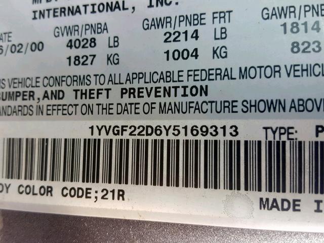 1YVGF22D6Y5169313 - 2000 MAZDA 626 ES GRAY photo 10