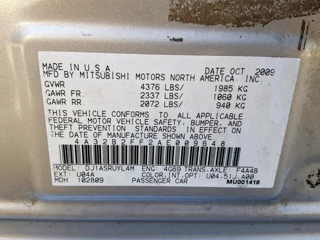 4A32B2FF2AE009648 - 2010 MITSUBISHI GALANT FE SILVER photo 10