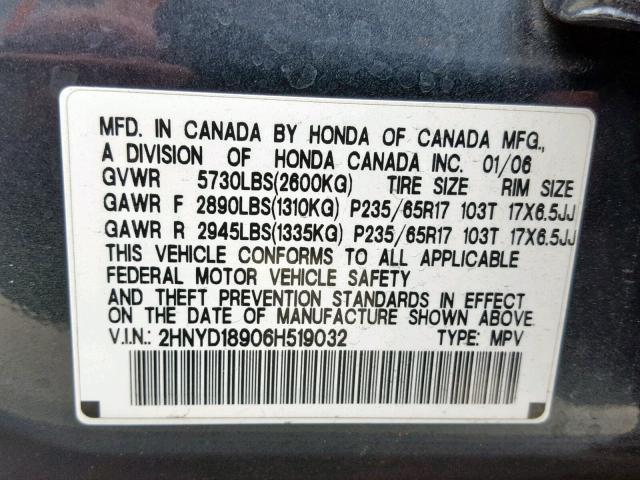 2HNYD18906H519032 - 2006 ACURA MDX TOURIN BLUE photo 10