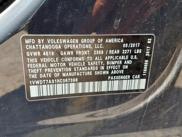 1VWDT7A31HC067398 - 2017 VOLKSWAGEN PASSAT R-L CHARCOAL photo 10
