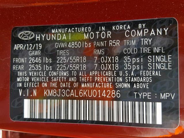 KM8J3CAL6KU014286 - 2019 HYUNDAI TUCSON LIM RED photo 10