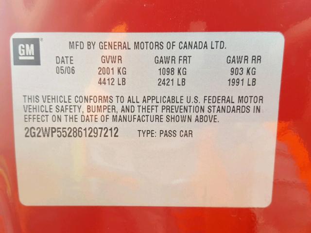 2G2WP552861297212 - 2006 PONTIAC GRAND PRIX RED photo 10