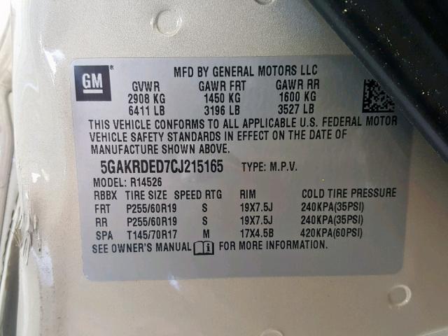 5GAKRDED7CJ215165 - 2012 BUICK ENCLAVE TAN photo 10