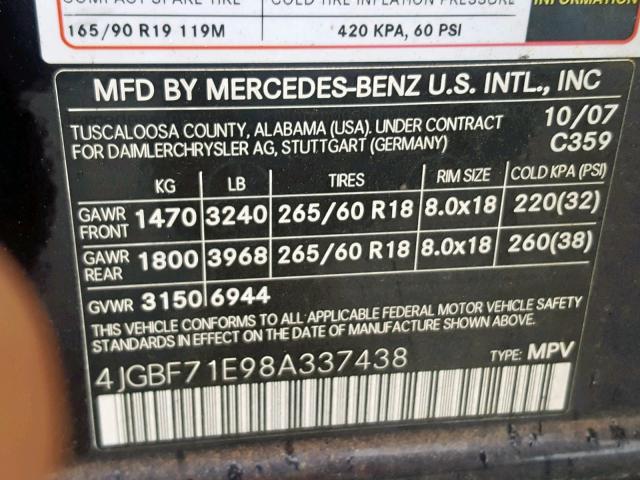 4JGBF71E98A337438 - 2008 MERCEDES-BENZ GL 450 4MA BLUE photo 10