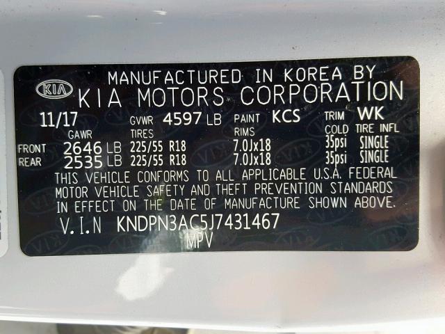 KNDPN3AC5J7431467 - 2018 KIA SPORTAGE E SILVER photo 10