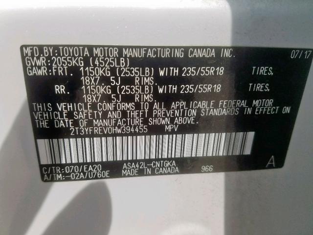 2T3YFREV0HW394455 - 2017 TOYOTA RAV4 LIMIT WHITE photo 10