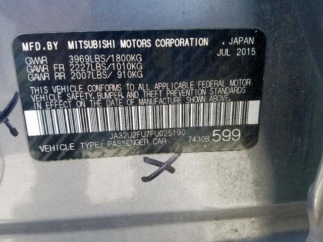 JA32U2FU7FU025190 - 2015 MITSUBISHI LANCER ES GRAY photo 10