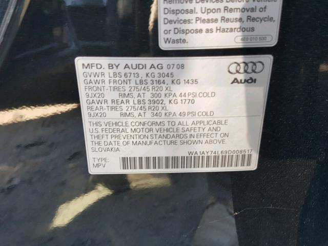 WA1AY74L69D008517 - 2009 AUDI Q7 3.6 QUA BLACK photo 10