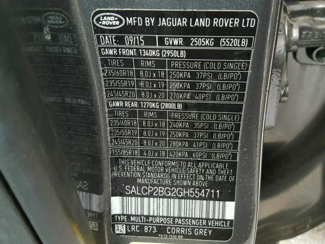 SALCP2BG2GH554711 - 2016 LAND ROVER DISCOVERY GRAY photo 10