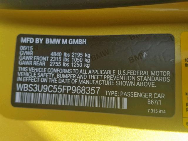 WBS3U9C55FP968357 - 2015 BMW M4 YELLOW photo 10