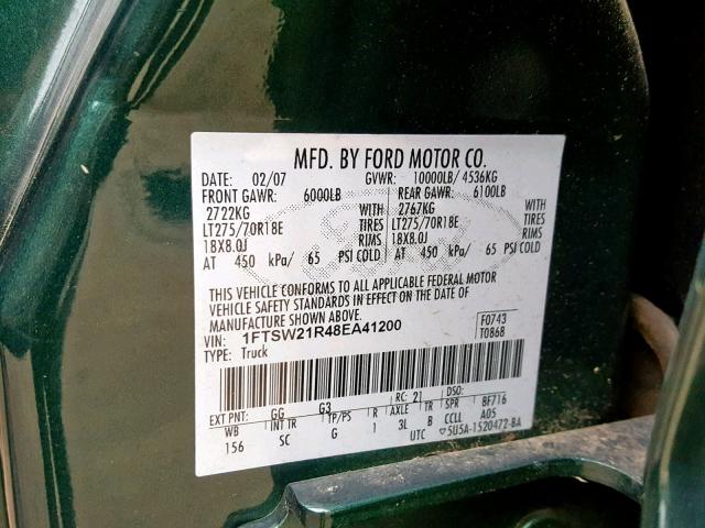 1FTSW21R48EA41200 - 2008 FORD F250 SUPER GREEN photo 10