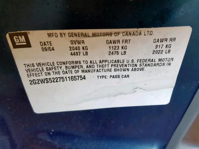 2G2WS522751165754 - 2005 PONTIAC GRAND PRIX BLUE photo 10