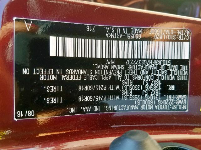 5TDJKRFH7GS322237 - 2016 TOYOTA HIGHLANDER RED photo 10