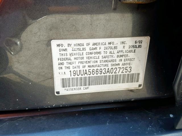 19UUA56693A027253 - 2003 ACURA 3.2TL GRAY photo 10