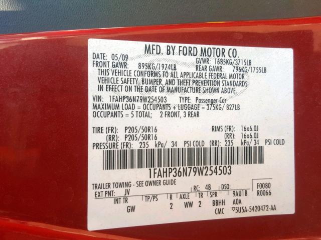 1FAHP36N79W254503 - 2009 FORD FOCUS SES RED photo 10