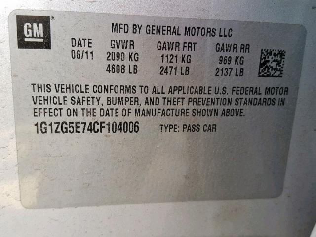 1G1ZG5E74CF104006 - 2012 CHEVROLET MALIBU LTZ ვერცხლისფერი ფოტო 10