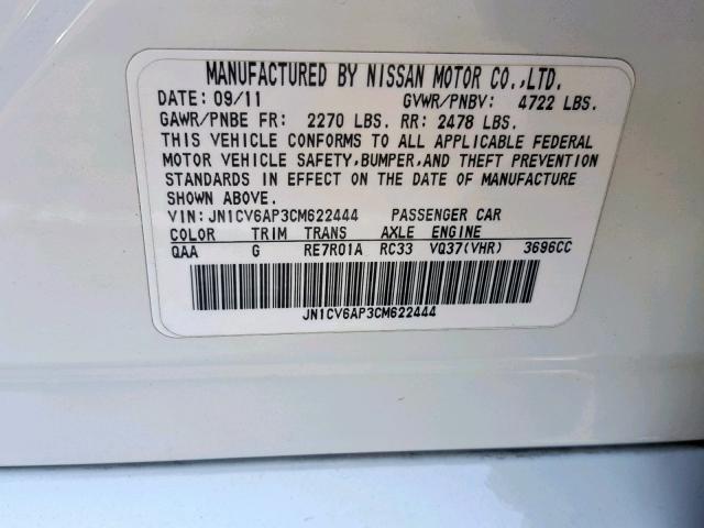 JN1CV6AP3CM622444 - 2012 INFINITI G37 BASE WHITE photo 10