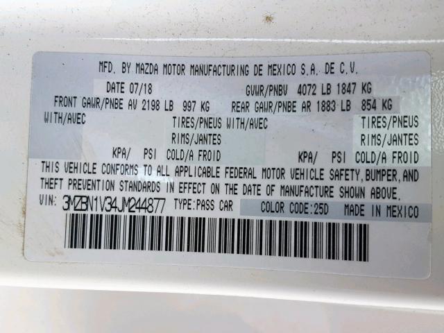 3MZBN1V34JM244877 - 2018 MAZDA 3 TOURING WHITE photo 10