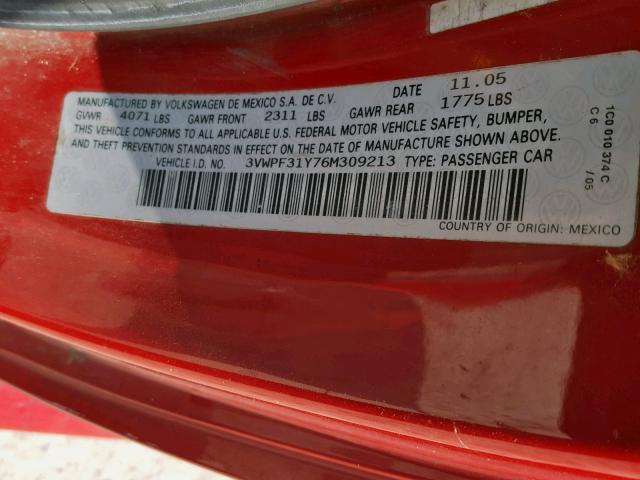 3VWPF31Y76M309213 - 2006 VOLKSWAGEN NEW BEETLE წითელი ფოტო 10