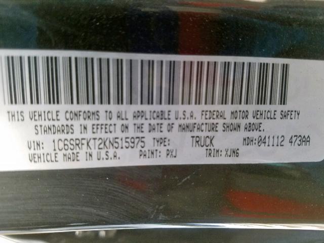 1C6SRFKT2KN515975 - 2019 RAM 1500 LONGH BLACK photo 10