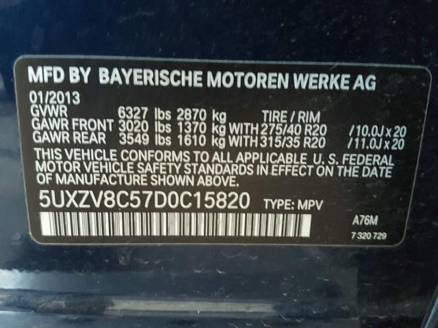 5UXZV8C57D0C15820 - 2013 BMW X5 XDRIVE5 BLUE photo 10