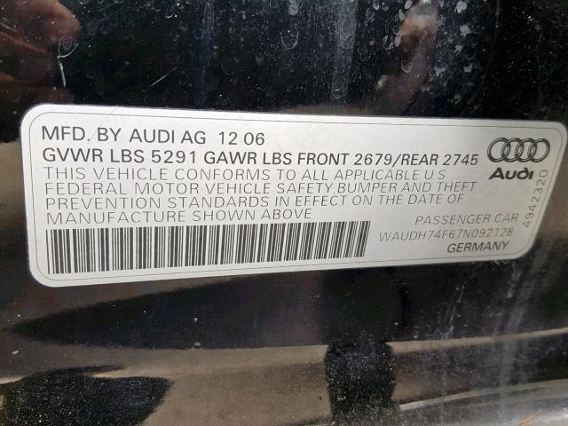 WAUDH74F67N092128 - 2007 AUDI A6 3.2 QUA BLACK photo 10