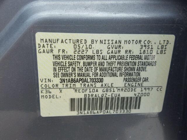 3N1AB6AP0AL703330 - 2010 NISSAN SENTRA 2.0 GRAY photo 10