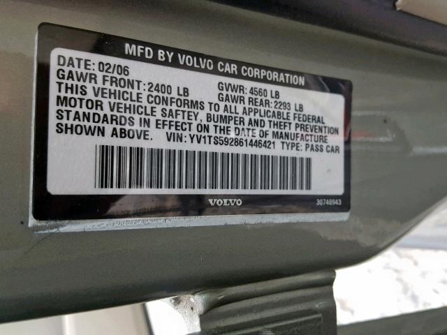 YV1TS592861446421 - 2006 VOLVO S80 2.5T GREEN photo 10