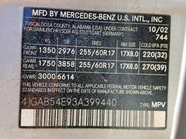 4JGAB54E93A399440 - 2003 MERCEDES-BENZ ML 320 SILVER photo 10