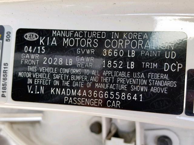 KNADM4A36G6558641 - 2016 KIA RIO LX WHITE photo 10