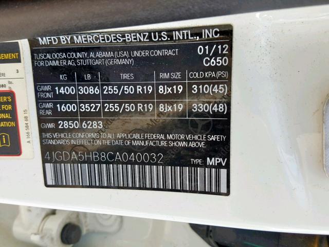 4JGDA5HB8CA040032 - 2012 MERCEDES-BENZ ML 350 4MA WHITE photo 10