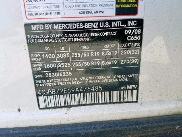 4JGBB72E69A476485 - 2009 MERCEDES-BENZ ML 550 WHITE photo 10