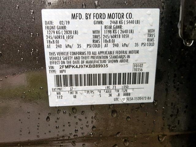 2FMPK4J97KBB89935 - 2019 FORD EDGE SEL CHARCOAL photo 10