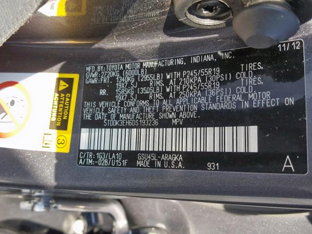 5TDDK3EH6DS193236 - 2013 TOYOTA HIGHLANDER GRAY photo 10