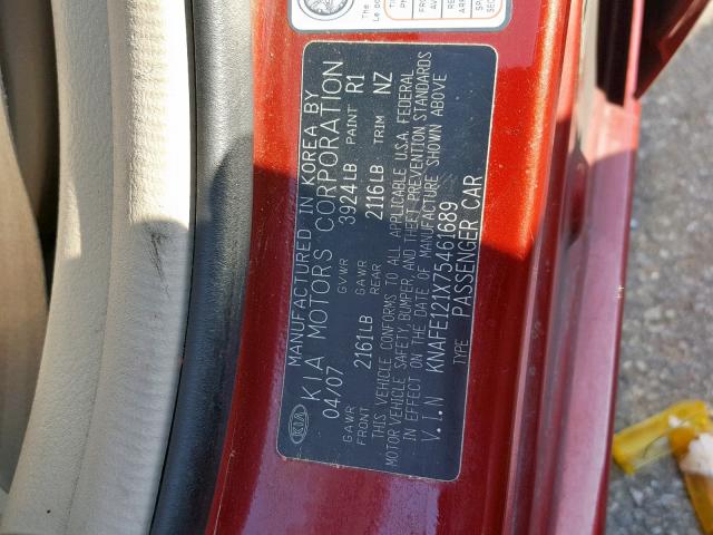 KNAFE121X75461689 - 2007 KIA SPECTRA EX RED photo 10