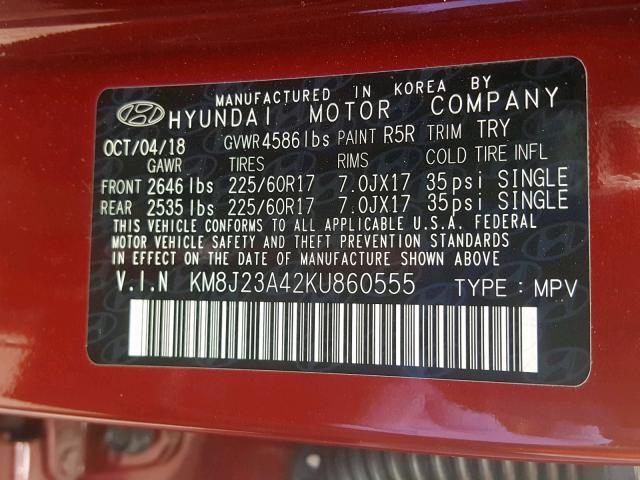 KM8J23A42KU860555 - 2019 HYUNDAI TUCSON SE RED photo 10