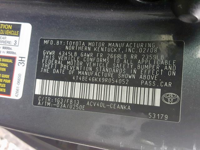 4T4BE46KX9R054052 - 2009 TOYOTA CAMRY BASE GRAY photo 10