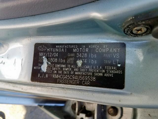 KMHCG45C94U569538 - 2004 HYUNDAI ACCENT GL BLUE photo 10