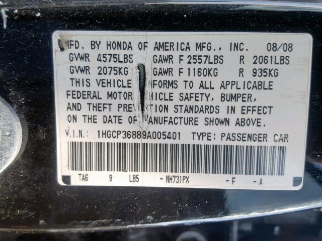 1HGCP36889A005401 - 2009 HONDA ACCORD EXL BLACK photo 10